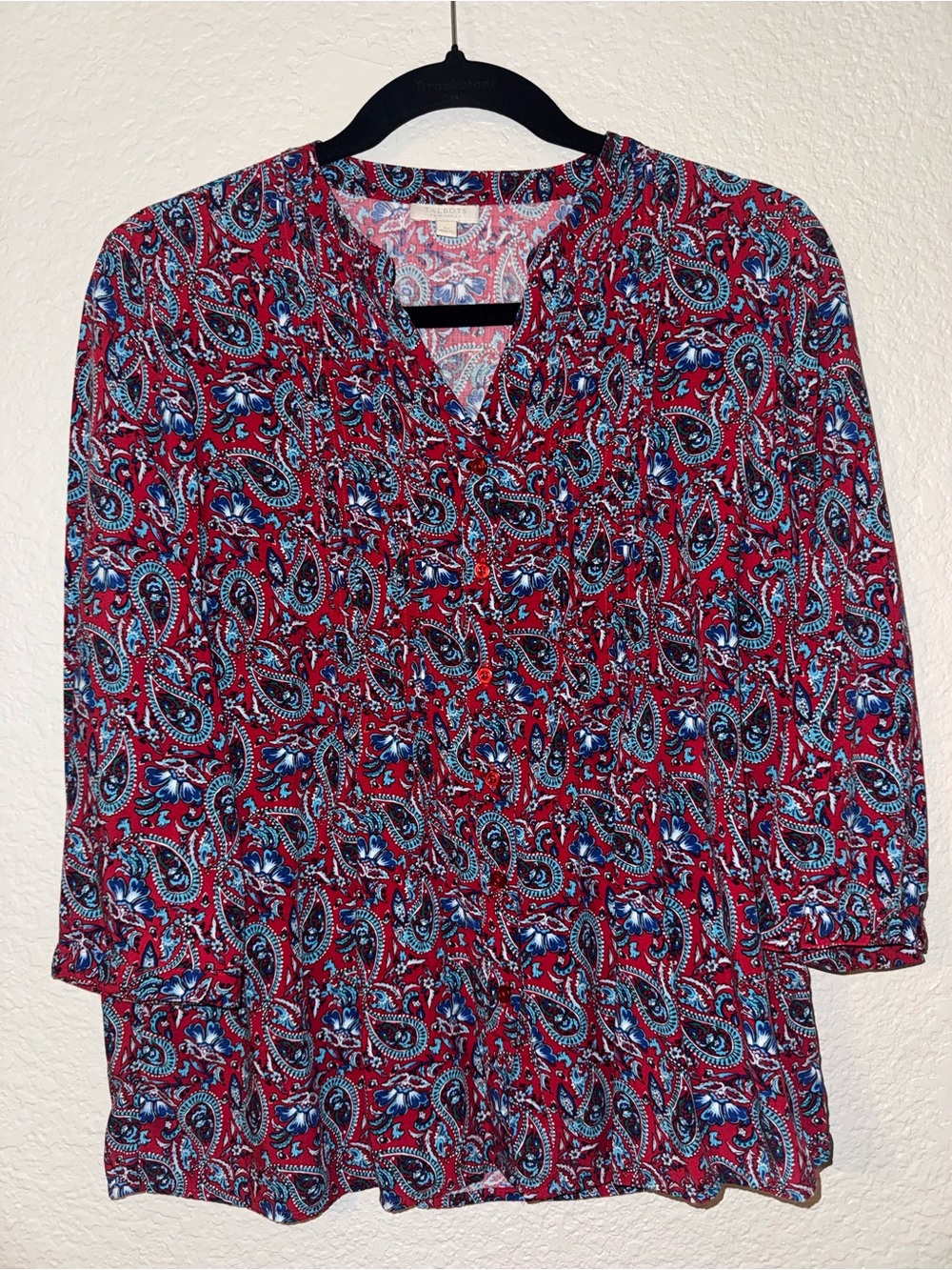 Talbots Red Paisley V-Neck Long Sleeve Tunic Blouse